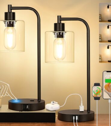 Set of 2 Industrial Touch Control Table Lamps with USB C+A Ports and AC Outlet - 3-Way Dimmable Black Bedside Lamps Nightstand Desk Lamps for Bedroom Living Room, Glass Shade & 2 LED Bulbs Included