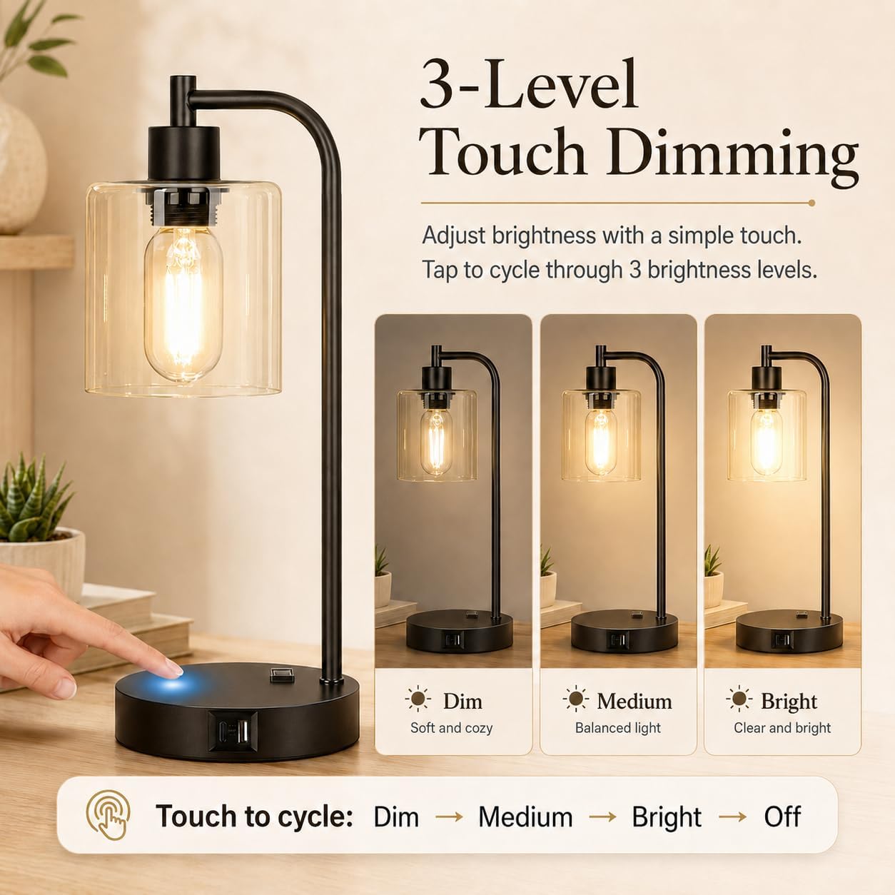 Set of 2 Industrial Touch Control Table Lamps with USB C+A Ports and AC Outlet - 3-Way Dimmable Black Bedside Lamps Nightstand Desk Lamps for Bedroom Living Room, Glass Shade & 2 LED Bulbs Included - Image 3