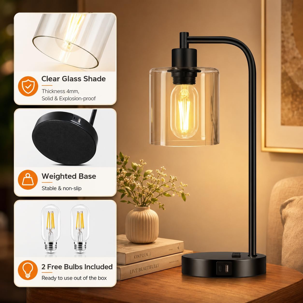 Set of 2 Industrial Touch Control Table Lamps with USB C+A Ports and AC Outlet - 3-Way Dimmable Black Bedside Lamps Nightstand Desk Lamps for Bedroom Living Room, Glass Shade & 2 LED Bulbs Included - Image 5