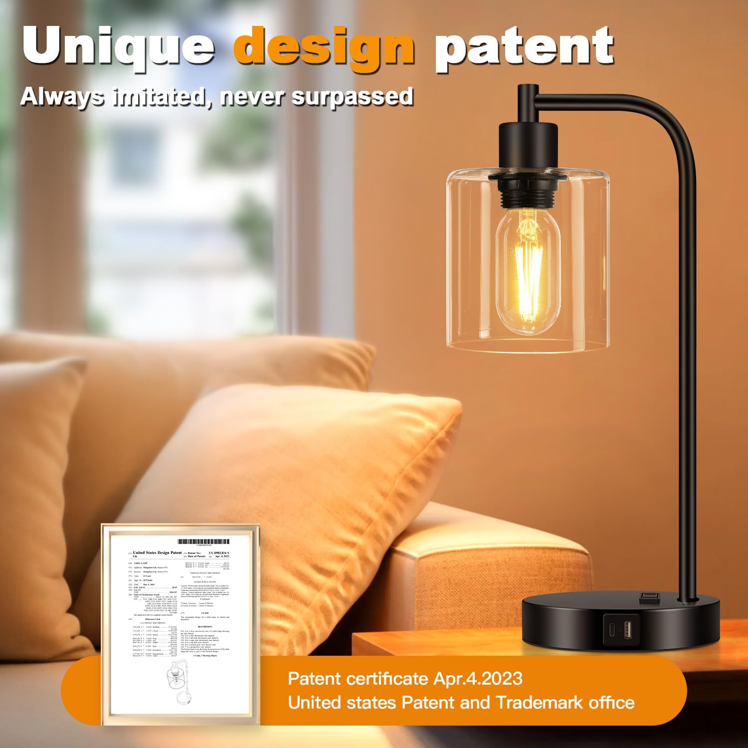 Set of 2 Industrial Touch Control Table Lamps with USB C+A Ports and AC Outlet - 3-Way Dimmable Black Bedside Lamps Nightstand Desk Lamps for Bedroom Living Room, Glass Shade & 2 LED Bulbs Included - Image 8