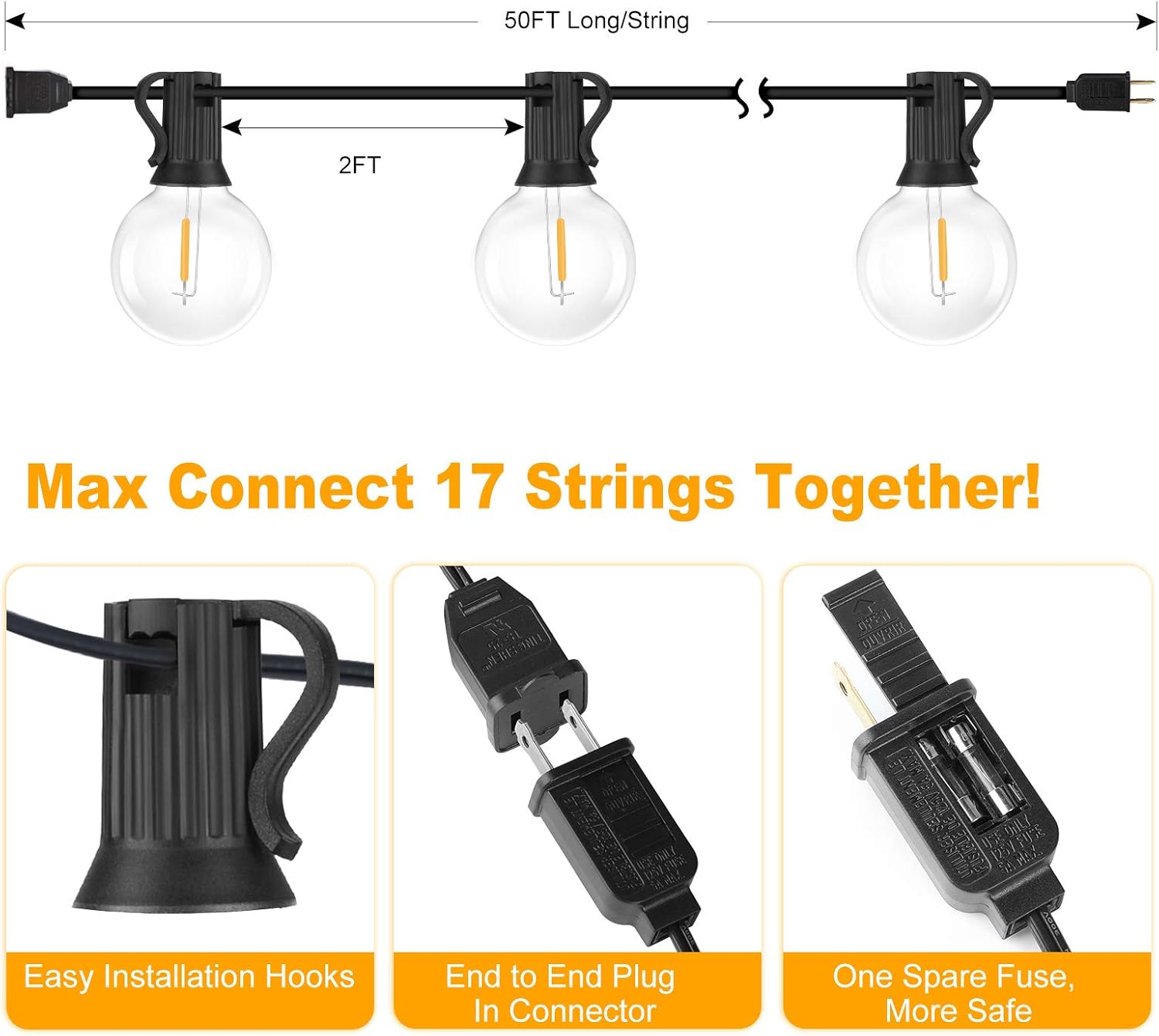100ft 2-Pack Outdoor G40 LED Globe String Lights Dimmable Waterproof Shatterproof Light Strings with 52 Bulbs Connectable Commercial Hanging Lights for Christmas Patio House Backyard Balcony Party - Image 8