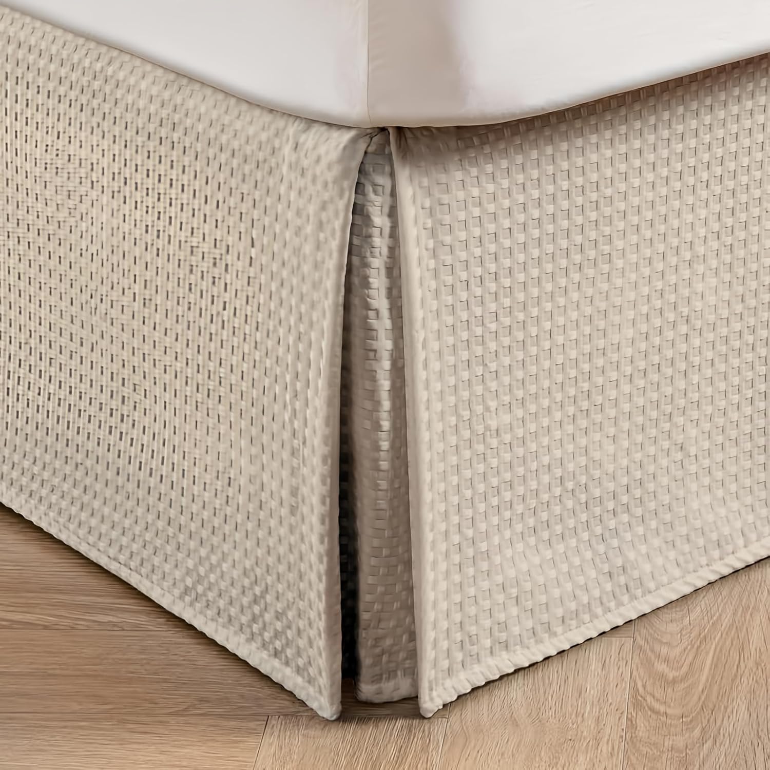 MIYE Pleated Waffle Weave Bed Skirt, Tailored Dust Ruffle 12 Inch Drop Easy Fit, Machine Washable,No Split Corners (Beige, Queen - 12" Drop)