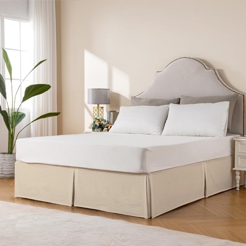 MIYE Pleated Waffle Weave Bed Skirt, Tailored Dust Ruffle 12 Inch Drop Easy Fit, Machine Washable,No Split Corners (Beige, Queen - 12" Drop) - Image 3