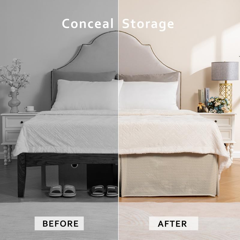 MIYE Pleated Waffle Weave Bed Skirt, Tailored Dust Ruffle 12 Inch Drop Easy Fit, Machine Washable,No Split Corners (Beige, Queen - 12" Drop) - Image 4