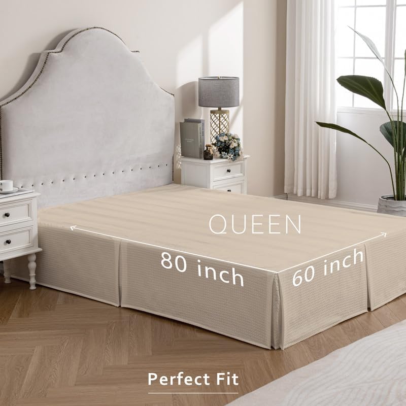 MIYE Pleated Waffle Weave Bed Skirt, Tailored Dust Ruffle 12 Inch Drop Easy Fit, Machine Washable,No Split Corners (Beige, Queen - 12" Drop) - Image 6