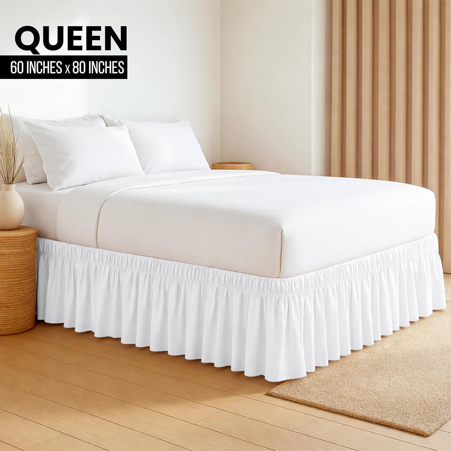 Wrap Around Ruffle Queen Size Bed Skirt – Adjustable Buckle & Elastic Belt for Easy Installation, 16 Inch Drop – Brushed Microfiber - Machine Washable, Fade and Wrinkle Resistant, White - Image 2