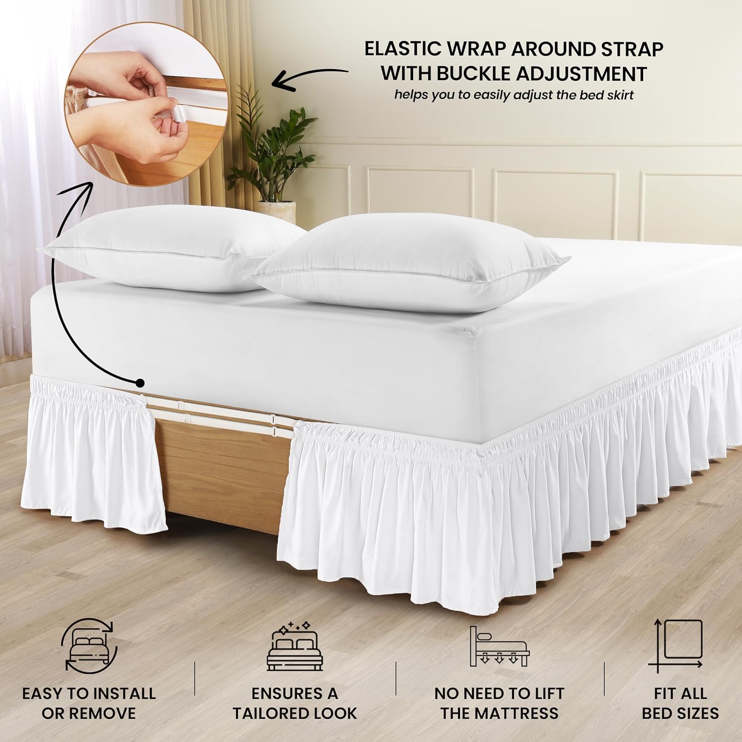 Wrap Around Ruffle Queen Size Bed Skirt – Adjustable Buckle & Elastic Belt for Easy Installation, 16 Inch Drop – Brushed Microfiber - Machine Washable, Fade and Wrinkle Resistant, White - Image 3