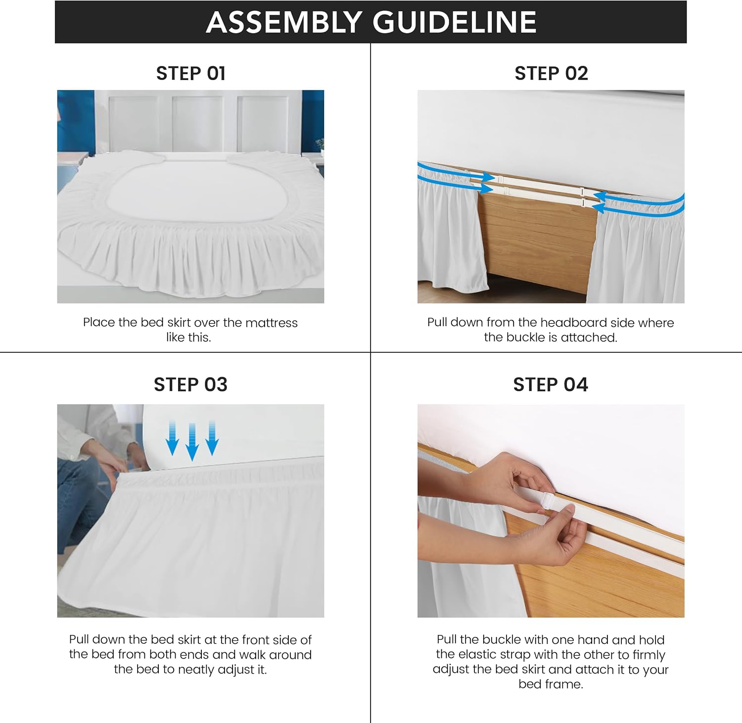 Wrap Around Ruffle Queen Size Bed Skirt – Adjustable Buckle & Elastic Belt for Easy Installation, 16 Inch Drop – Brushed Microfiber - Machine Washable, Fade and Wrinkle Resistant, White - Image 4