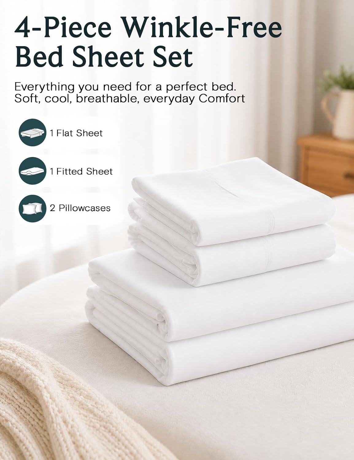 LuxClub Queen Sheet Set, Bed Sheets Queen Size 4PC, Deep Pocket Cooling Bed Sheets, Soft Hotel Luxury Bedding for Mattress Wrinkle Free, Silky Fitted Sheet & Pillowcase Sets, White - Image 6