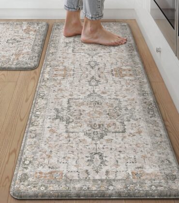 GENIMO Anti Fatigue Kitchen Mats for Floor 2PCS, Cushioned Standing Mats | 17.3"x47"&17.3"x30", Light Taupe Brown vintage boho rug set, waterproof, non-slip, easy-clean for home laundry sink farmhouse