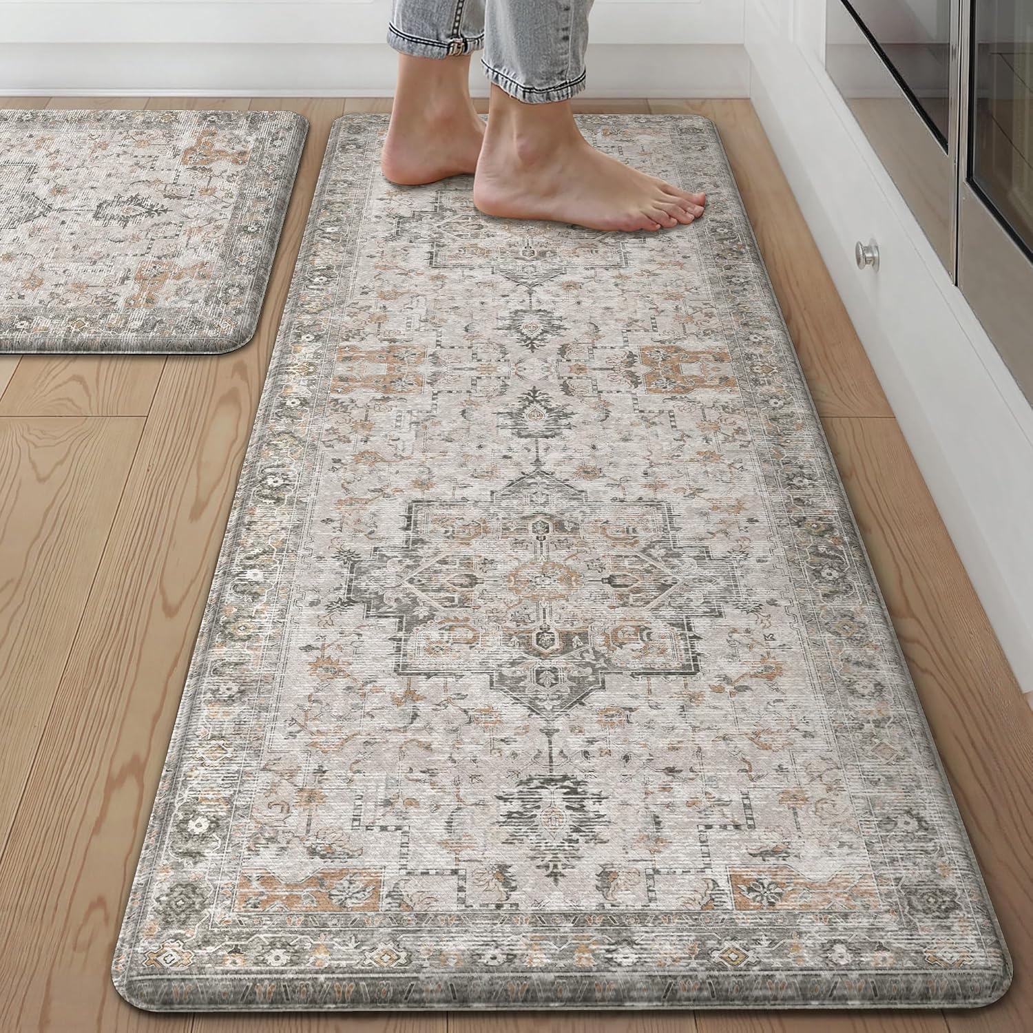 GENIMO Anti Fatigue Kitchen Mats for Floor 2PCS, Cushioned Standing Mats | 17.3"x47"&17.3"x30", Light Taupe Brown vintage boho rug set, waterproof, non-slip, easy-clean for home laundry sink farmhouse