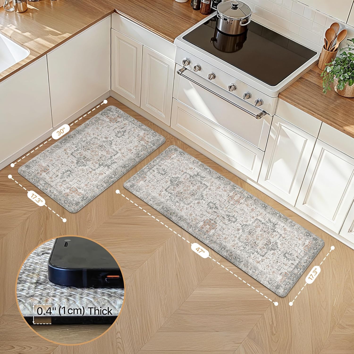 GENIMO Anti Fatigue Kitchen Mats for Floor 2PCS, Cushioned Standing Mats | 17.3"x47"&17.3"x30", Light Taupe Brown vintage boho rug set, waterproof, non-slip, easy-clean for home laundry sink farmhouse - Image 2