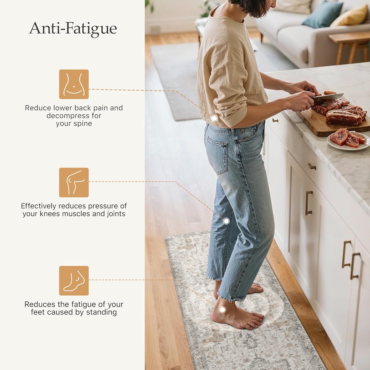 GENIMO Anti Fatigue Kitchen Mats for Floor 2PCS, Cushioned Standing Mats | 17.3"x47"&17.3"x30", Light Taupe Brown vintage boho rug set, waterproof, non-slip, easy-clean for home laundry sink farmhouse - Image 3