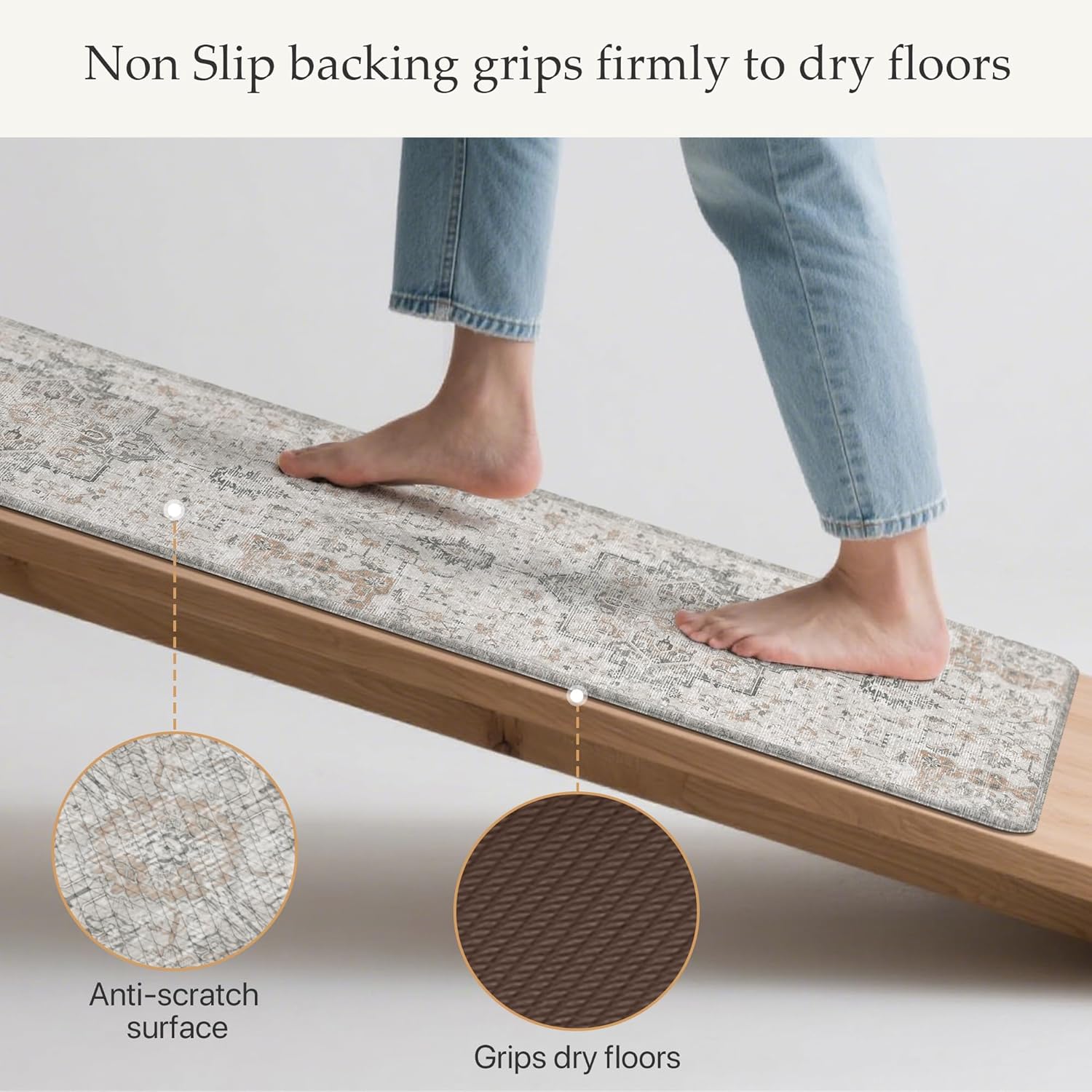 GENIMO Anti Fatigue Kitchen Mats for Floor 2PCS, Cushioned Standing Mats | 17.3"x47"&17.3"x30", Light Taupe Brown vintage boho rug set, waterproof, non-slip, easy-clean for home laundry sink farmhouse - Image 4