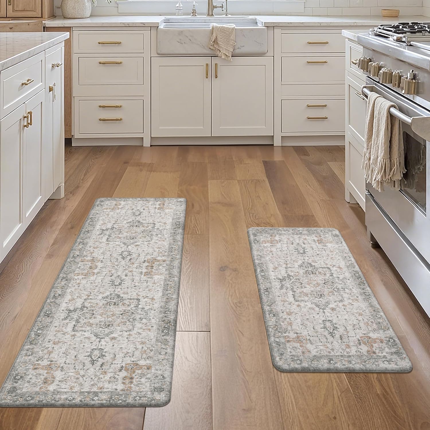 GENIMO Anti Fatigue Kitchen Mats for Floor 2PCS, Cushioned Standing Mats | 17.3"x47"&17.3"x30", Light Taupe Brown vintage boho rug set, waterproof, non-slip, easy-clean for home laundry sink farmhouse - Image 6