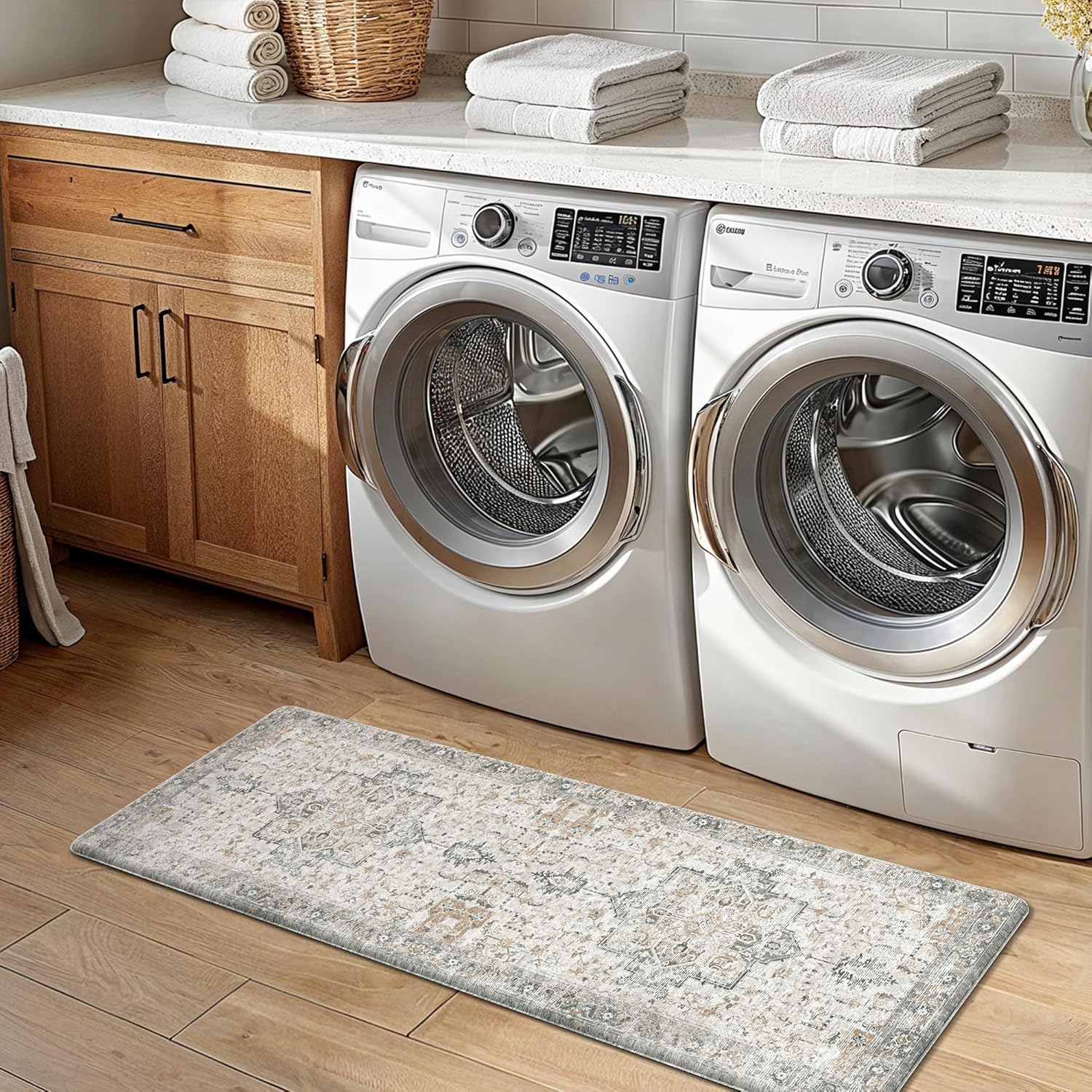 GENIMO Anti Fatigue Kitchen Mats for Floor 2PCS, Cushioned Standing Mats | 17.3"x47"&17.3"x30", Light Taupe Brown vintage boho rug set, waterproof, non-slip, easy-clean for home laundry sink farmhouse - Image 7