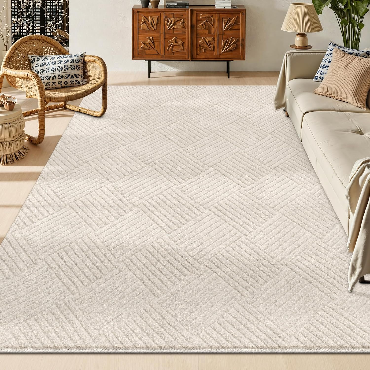 Vaukki 5x7 Area Rug for Living Room, Soft Fluffy Washable Modern Geometric Indoor Floor Mat, Non Slip Shaggy Boho Accent Throw Carpet for Bedroom, Living Room, Nursery and Dining Room, Beige