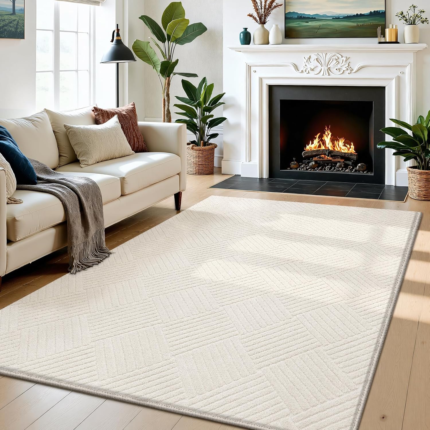 Vaukki 5x7 Area Rug for Living Room, Soft Fluffy Washable Modern Geometric Indoor Floor Mat, Non Slip Shaggy Boho Accent Throw Carpet for Bedroom, Living Room, Nursery and Dining Room, Beige - Image 8