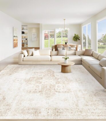 Area Rug 8x10 Washable Rug, Vintage Boho Medallion Rugs Non-Slip Soft Low Pile Large Distressed Rug Indoor Retro Carpet for Living Room Bedroom Dining Room Office Children's Room(Beige, 8'x10')