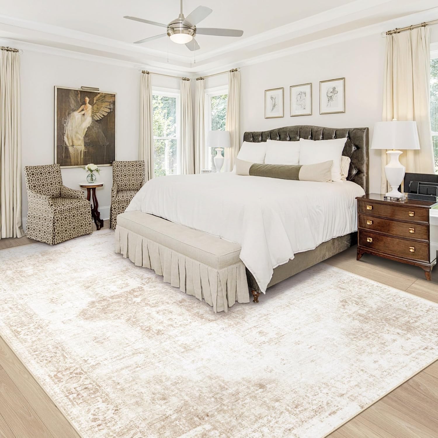 Area Rug 8x10 Washable Rug, Vintage Boho Medallion Rugs Non-Slip Soft Low Pile Large Distressed Rug Indoor Retro Carpet for Living Room Bedroom Dining Room Office Children's Room(Beige, 8'x10') - Image 2