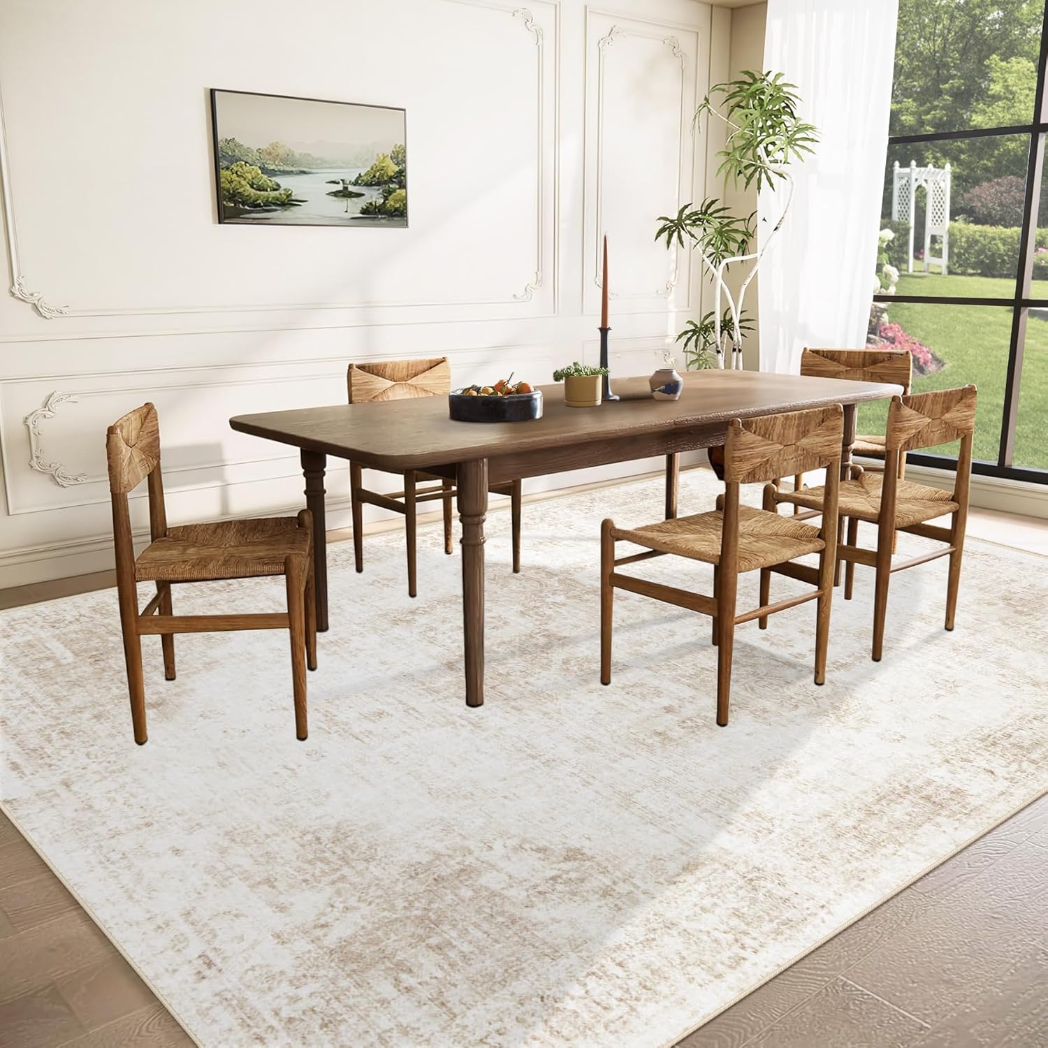 Area Rug 8x10 Washable Rug, Vintage Boho Medallion Rugs Non-Slip Soft Low Pile Large Distressed Rug Indoor Retro Carpet for Living Room Bedroom Dining Room Office Children's Room(Beige, 8'x10') - Image 3