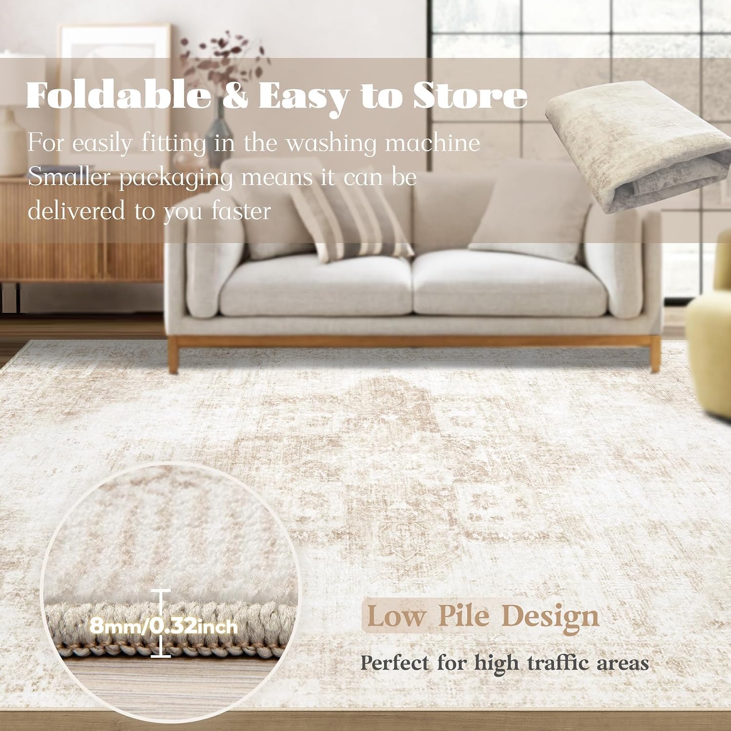 Area Rug 8x10 Washable Rug, Vintage Boho Medallion Rugs Non-Slip Soft Low Pile Large Distressed Rug Indoor Retro Carpet for Living Room Bedroom Dining Room Office Children's Room(Beige, 8'x10') - Image 7